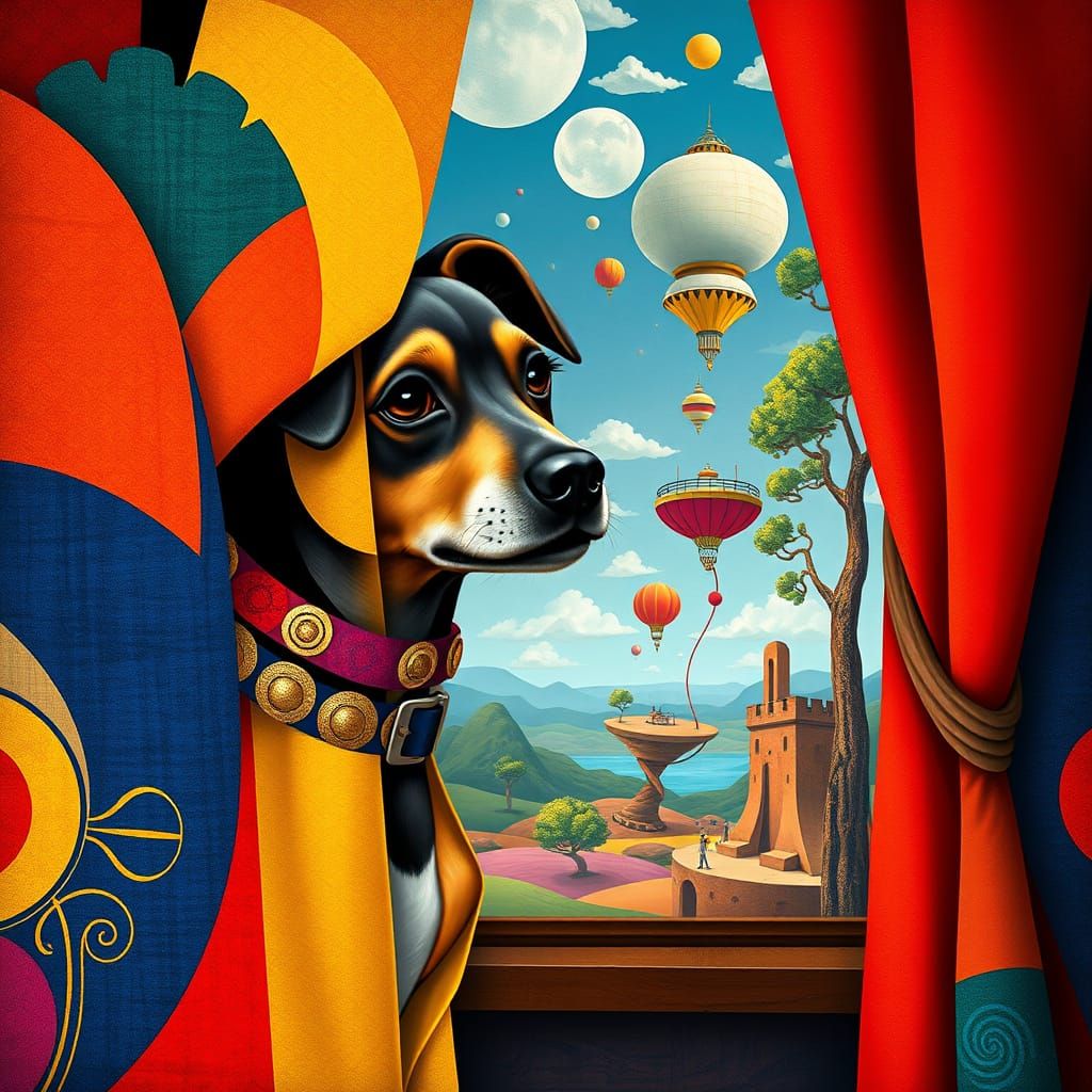 Dog in Art Deco Collar Peeks from Behind Geometric Shapes in...