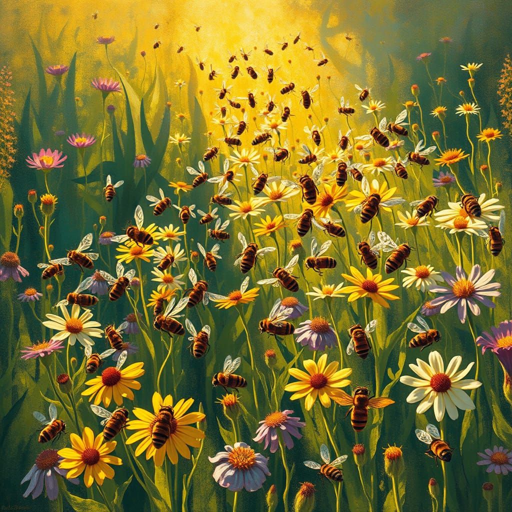 Golden Light Bees in Whimsical Landscape