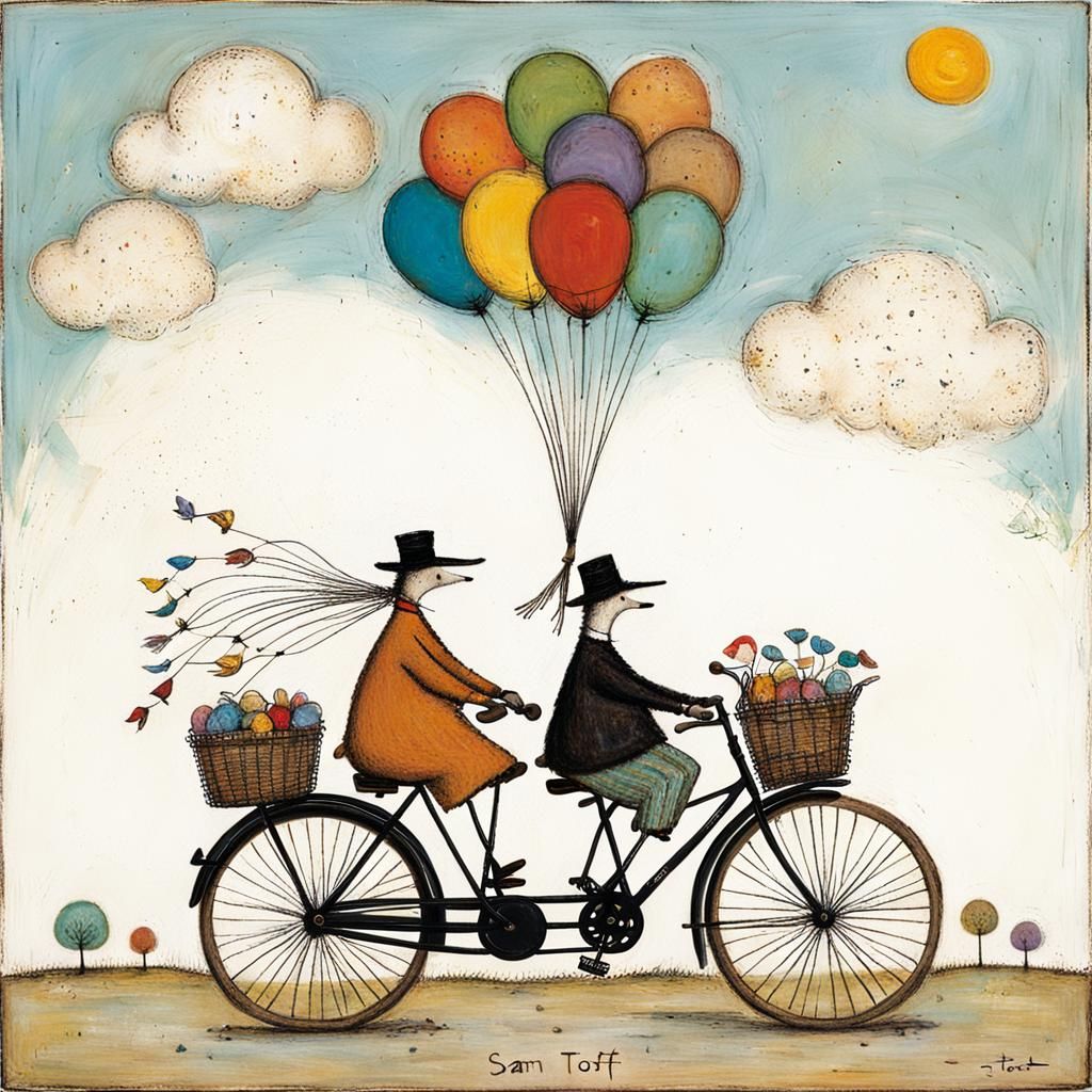 Balloons, Bicycle, and Rainbow in Naive Art Style