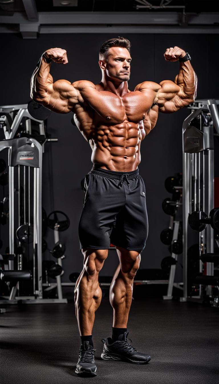 Male Bodybuilder Flexing Biceps in Gym Photo