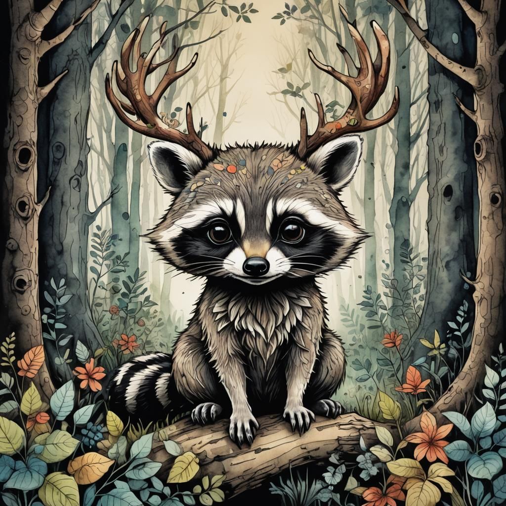 Raccoon with Antlers in Mystical Forest Ink Illustration