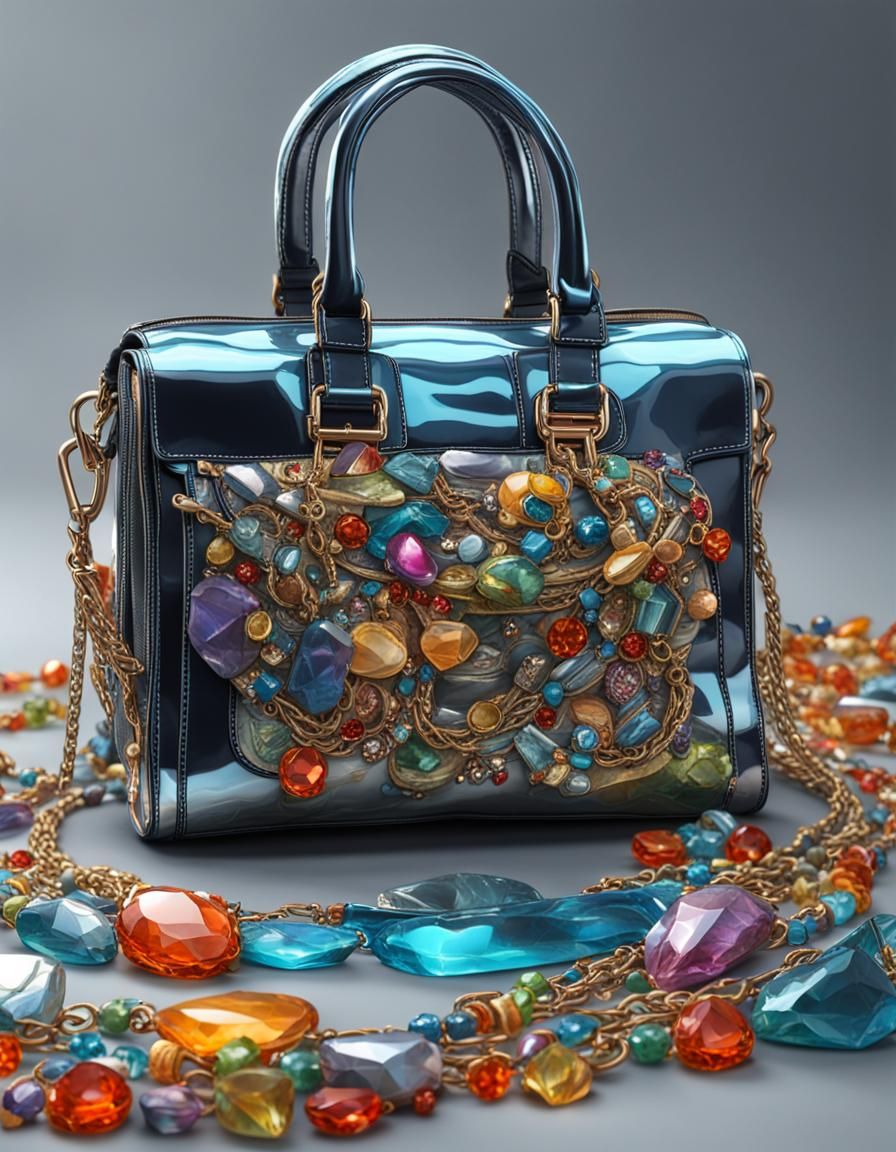 Futuristic Bag with Colorful Jewelry, Hyperrealistic Oil Pai...