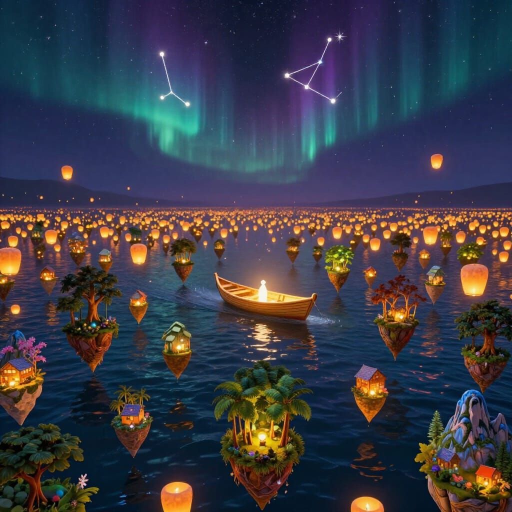 Ocean of Lanterns With Miniature Worlds and Light Boat