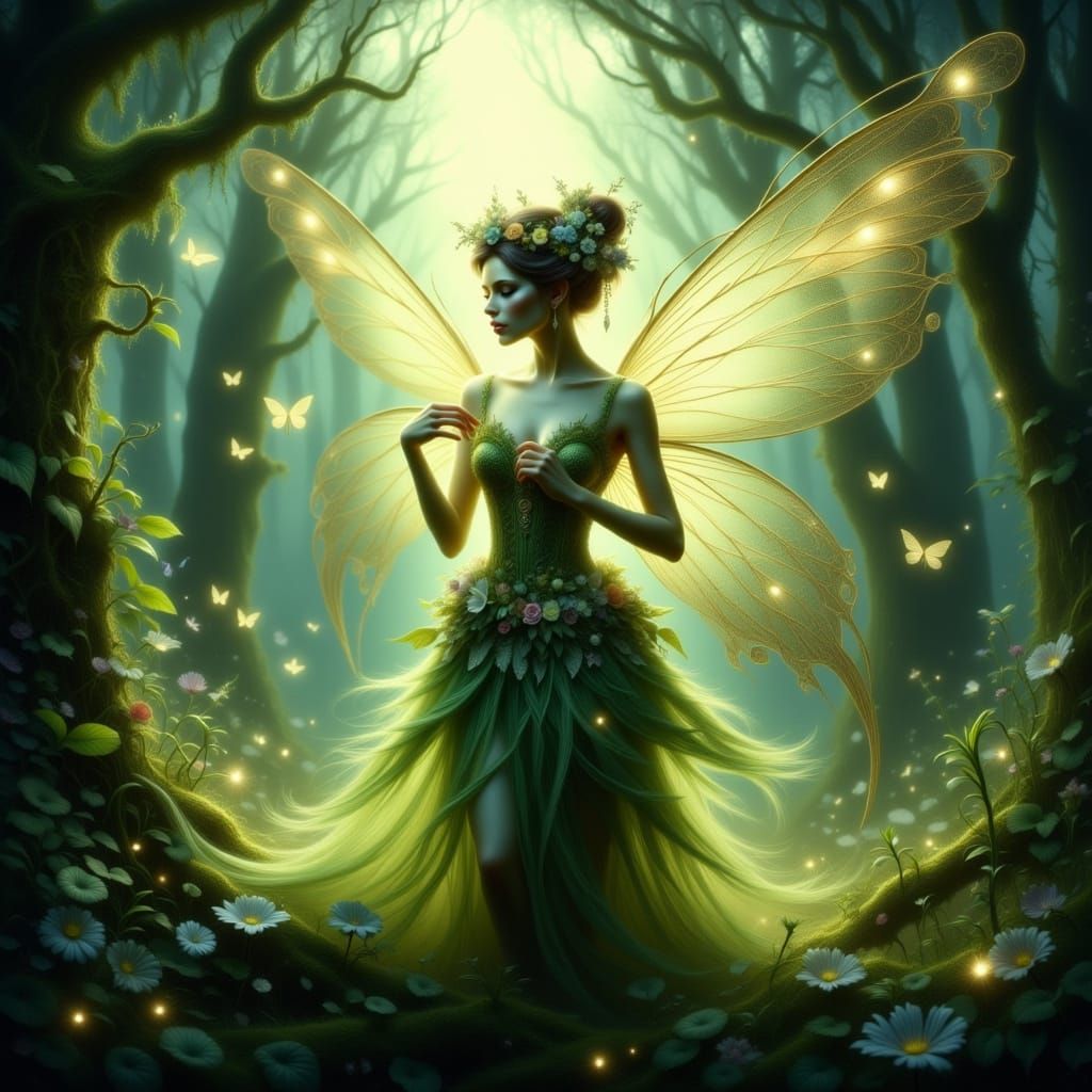 Exquisite Fairy in Lush Forest, Hyperrealistic Digital Art