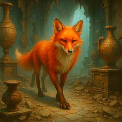 An ethereal red fox picking her way through a ruined artifac...
