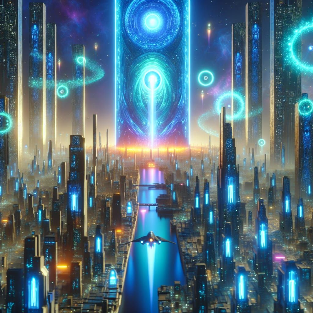 Glowing City of Wonder with Towering Portal and Alien Hierog...