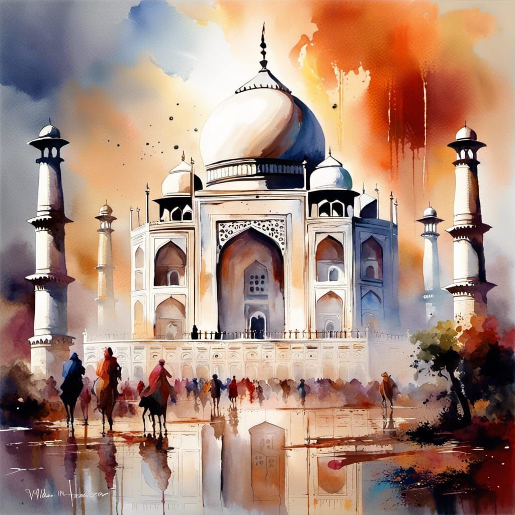 Taj Mahal: Watercolor Timescape in Mixed Styles