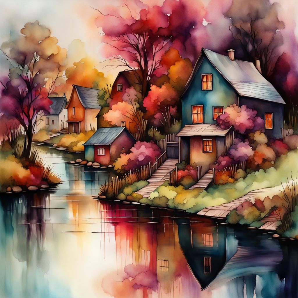Colorful Village Scene in Alcohol Ink Style
