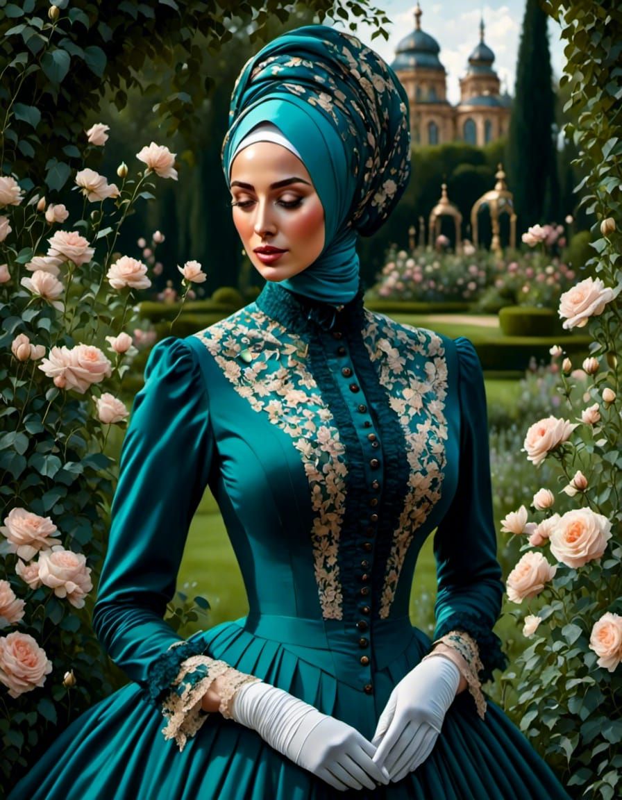 Victorian Woman in Garden as Oil Painting