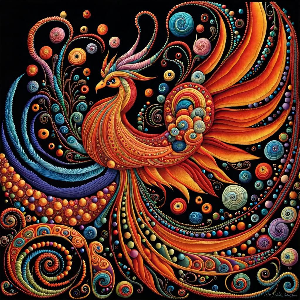 Embroidered Phoenix Rising in Abstract Fractal Design