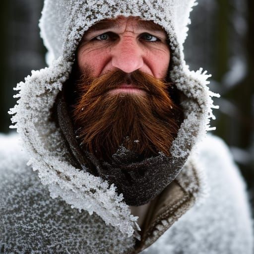 Frost-Covered Bearded Hobo Portrait in Snowy Forest