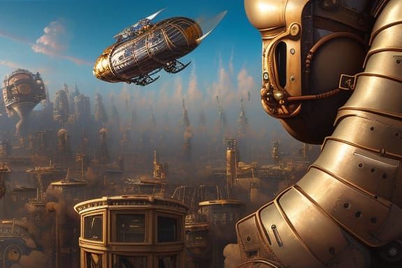 Steampunk Airship Over City in Dieselpunk Style