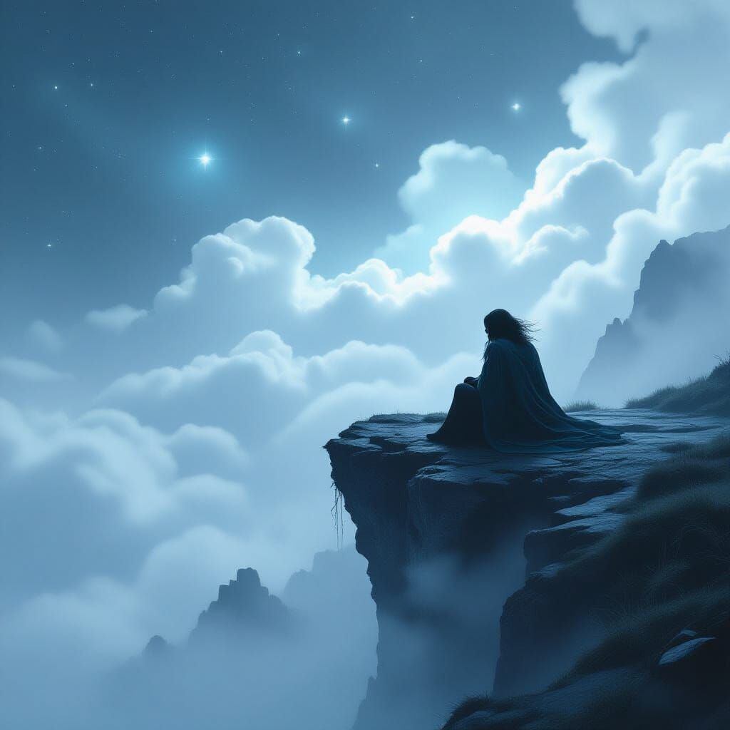 Ethereal Figure at Cliff's Edge in Dramatic Lighting