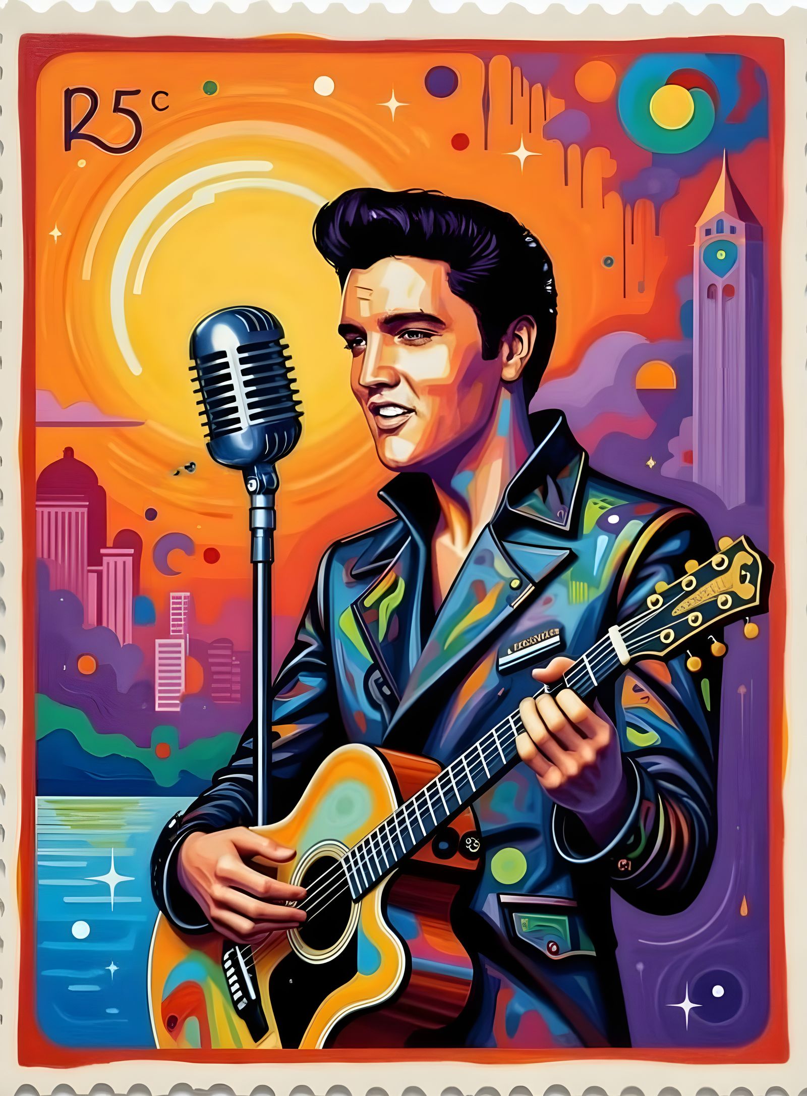 Elvis Presley Postage Stamp Portrait in Vibrant Color