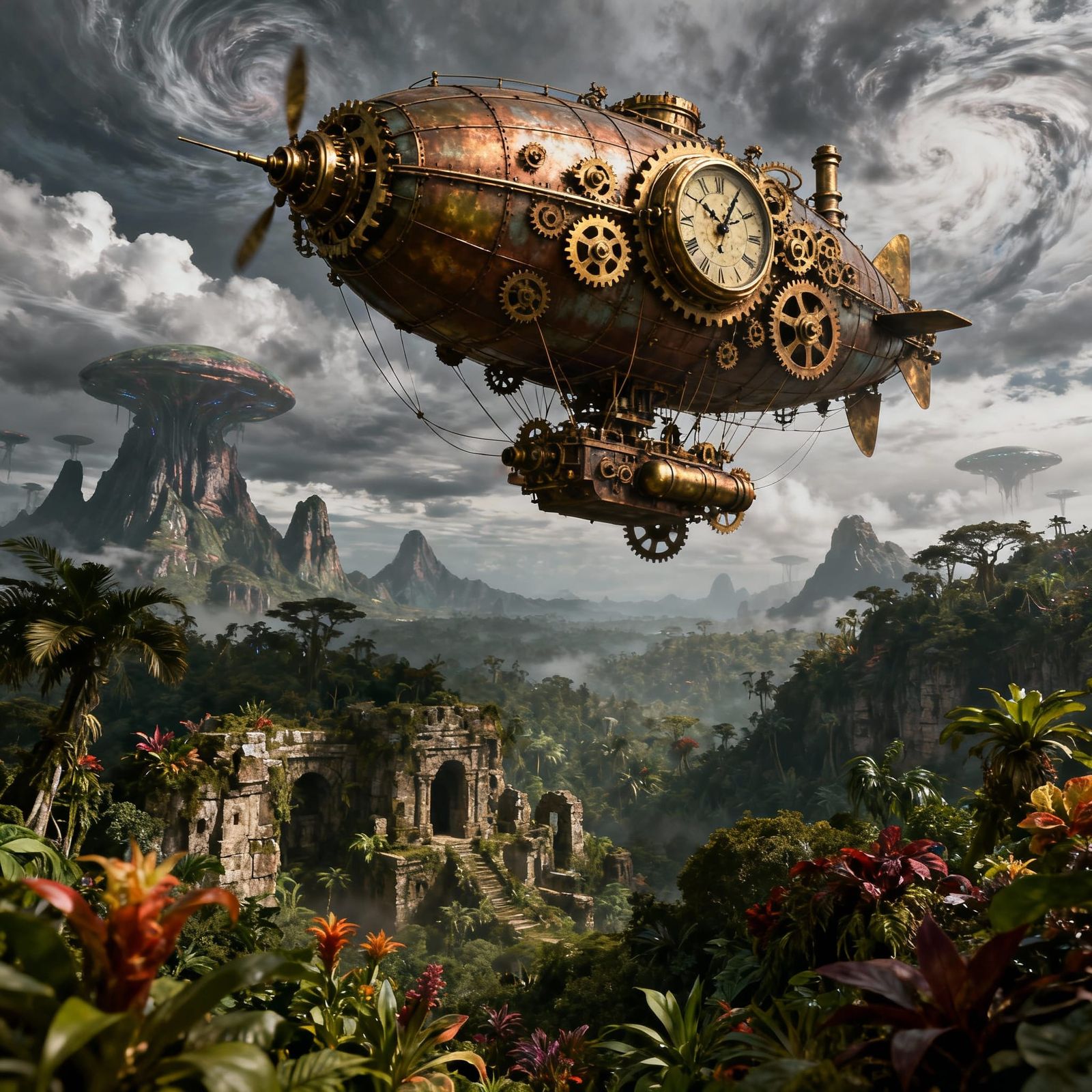 Steampunk Airship Exploration in Alien Jungle