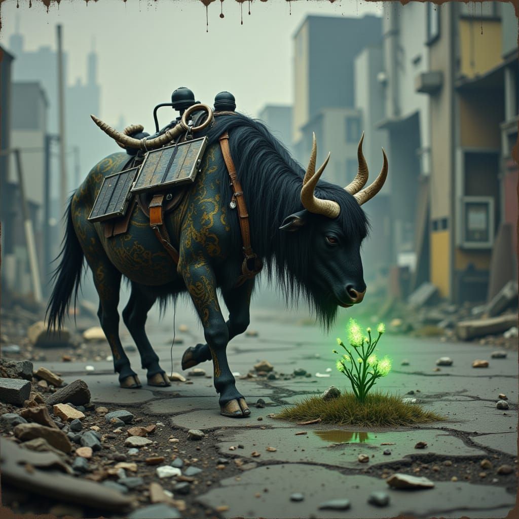 Post-Apocalyptic Minotaur Yak with Bioluminescent Plant