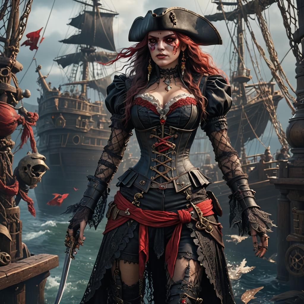 Pirate Girl in Corset with Red Eyes