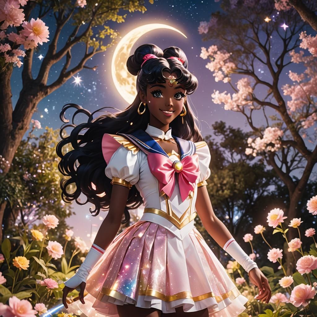 Black Girl as Sailor Moon in Moonlit Garden
