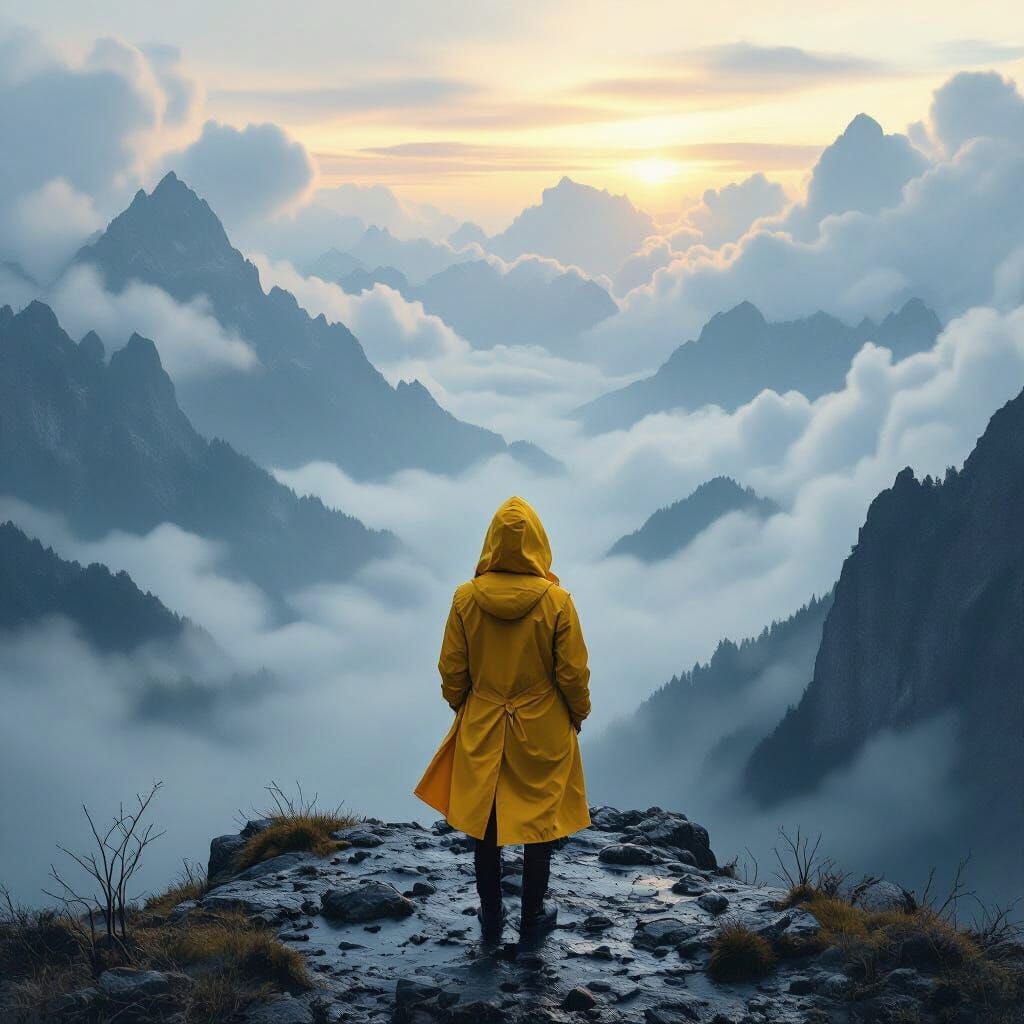 Figure in Yellow Raincoat Overlooking Misty Valley