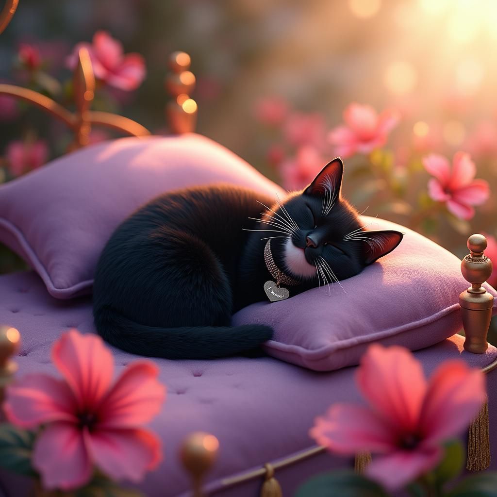 Tuxedo Cat in Hibiscus Field: Fantasy Concept Art