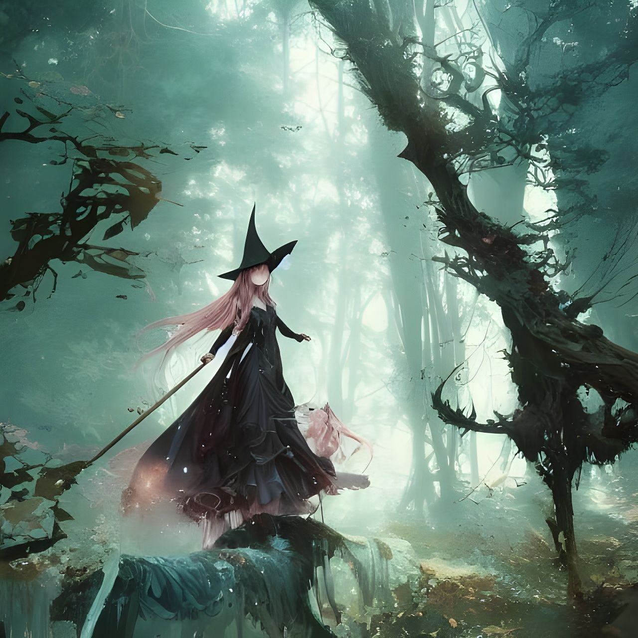 Young Witch on Broom in Eerie Forest