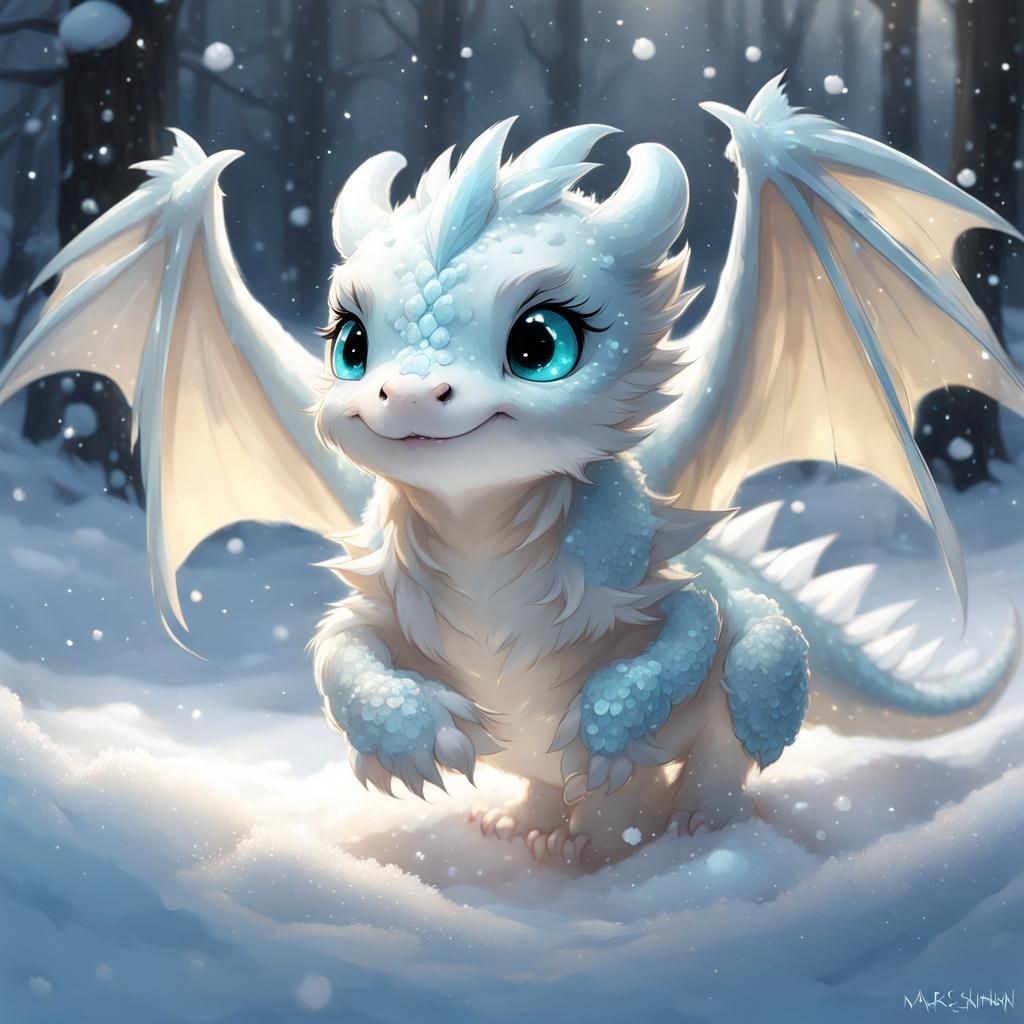 Charming Chibi Dragon Playing in Snow