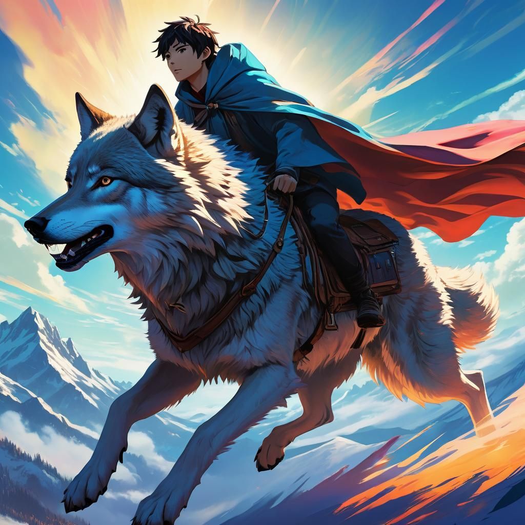 Boy Rides Wolf Across Aurora Sky in Anime Style