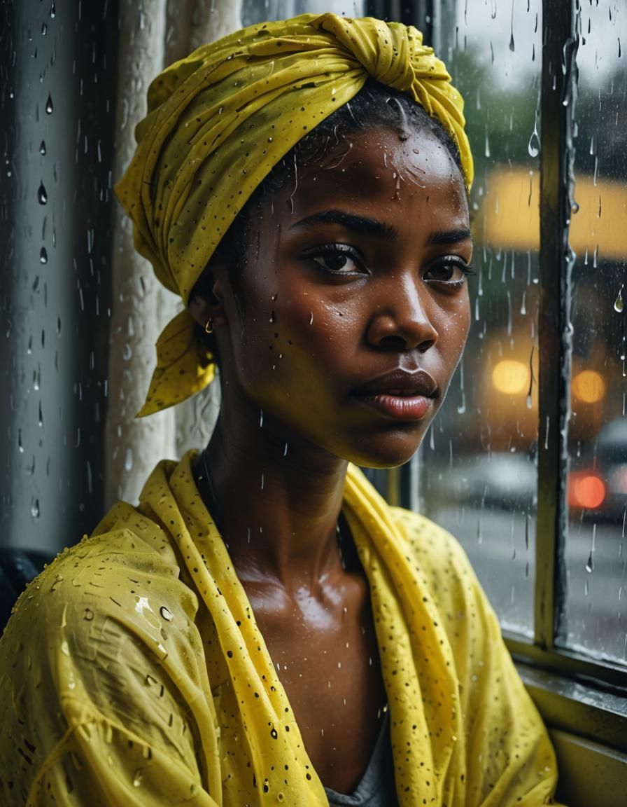 A beautiful Ebony woman looking out the window on a rainy day afternoon