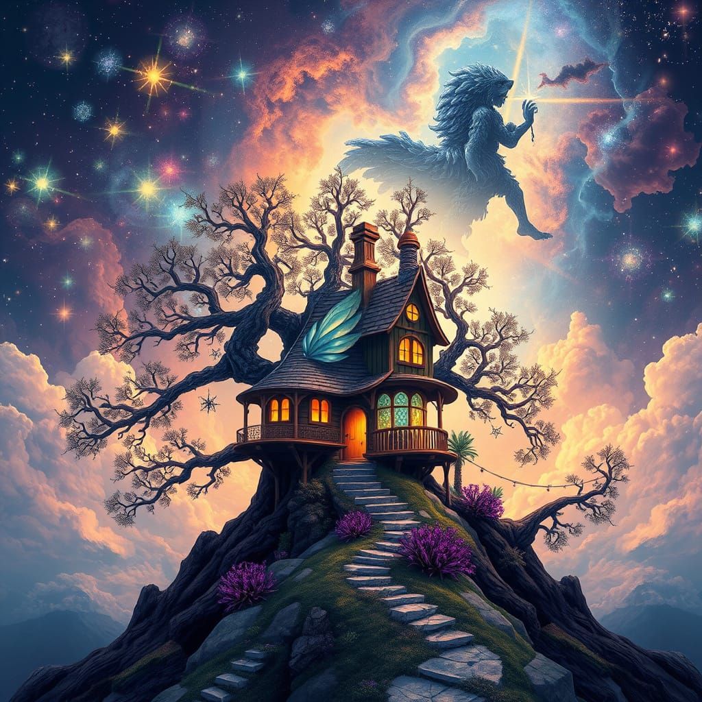 Enchanted Fairy Treehouse in Cosmic Nebula