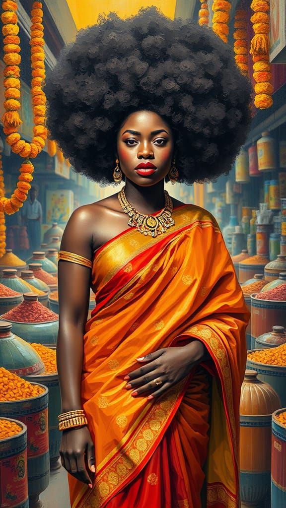 Confident Woman in Mumbai Market: Impasto Painting