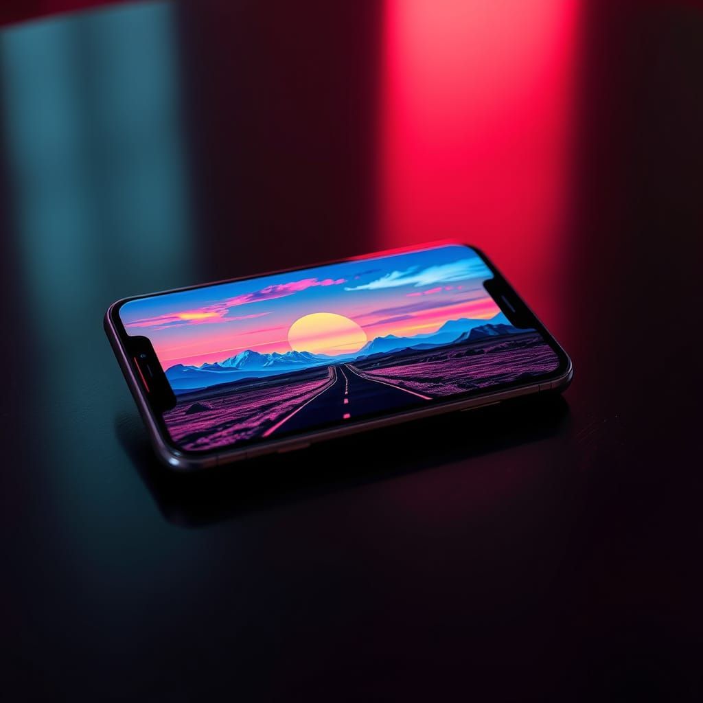 A close-up of a smartphone lying on a table, its screen glowing vividly — on the screen, a breathtaking retro-vintage la...