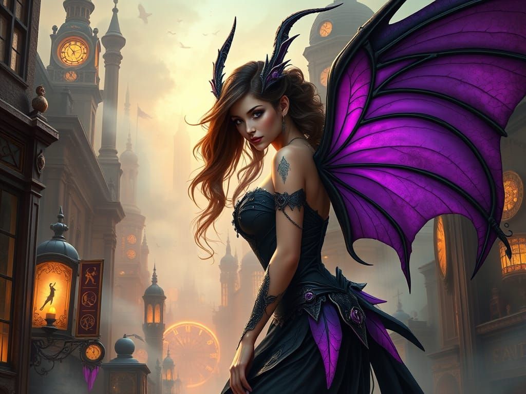 Ethereal Steampunk Fairy Soars Over City