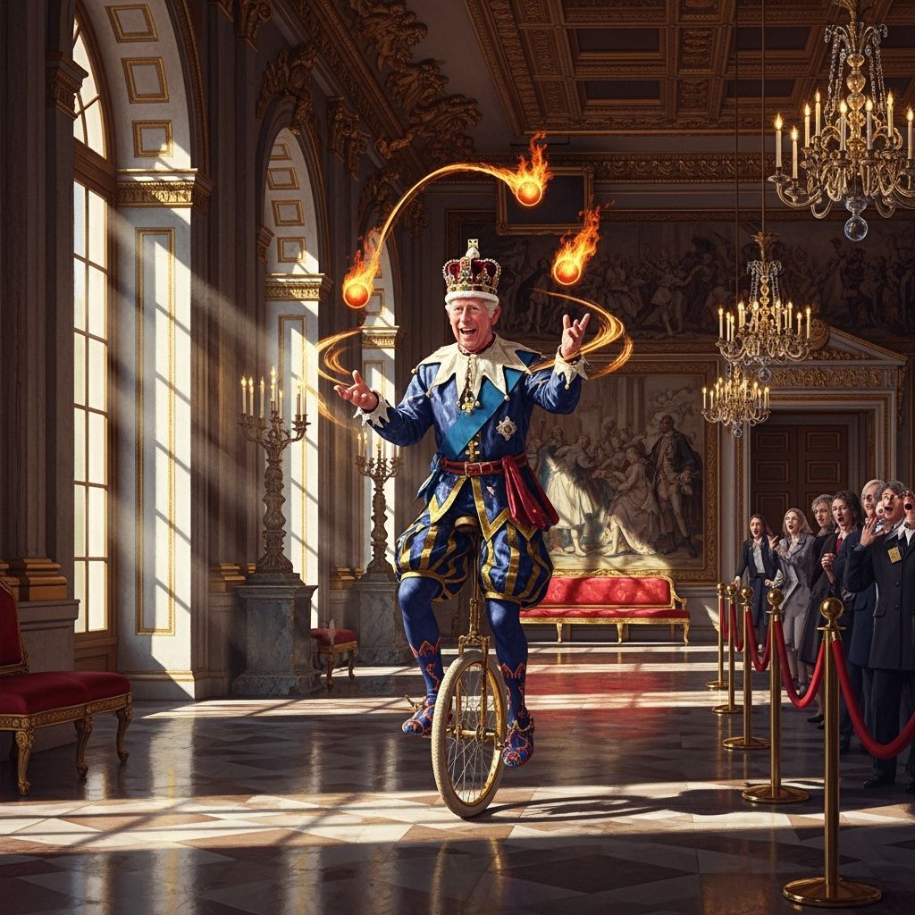 King Charles as Jester Juggles Fire in Buckingham Palace