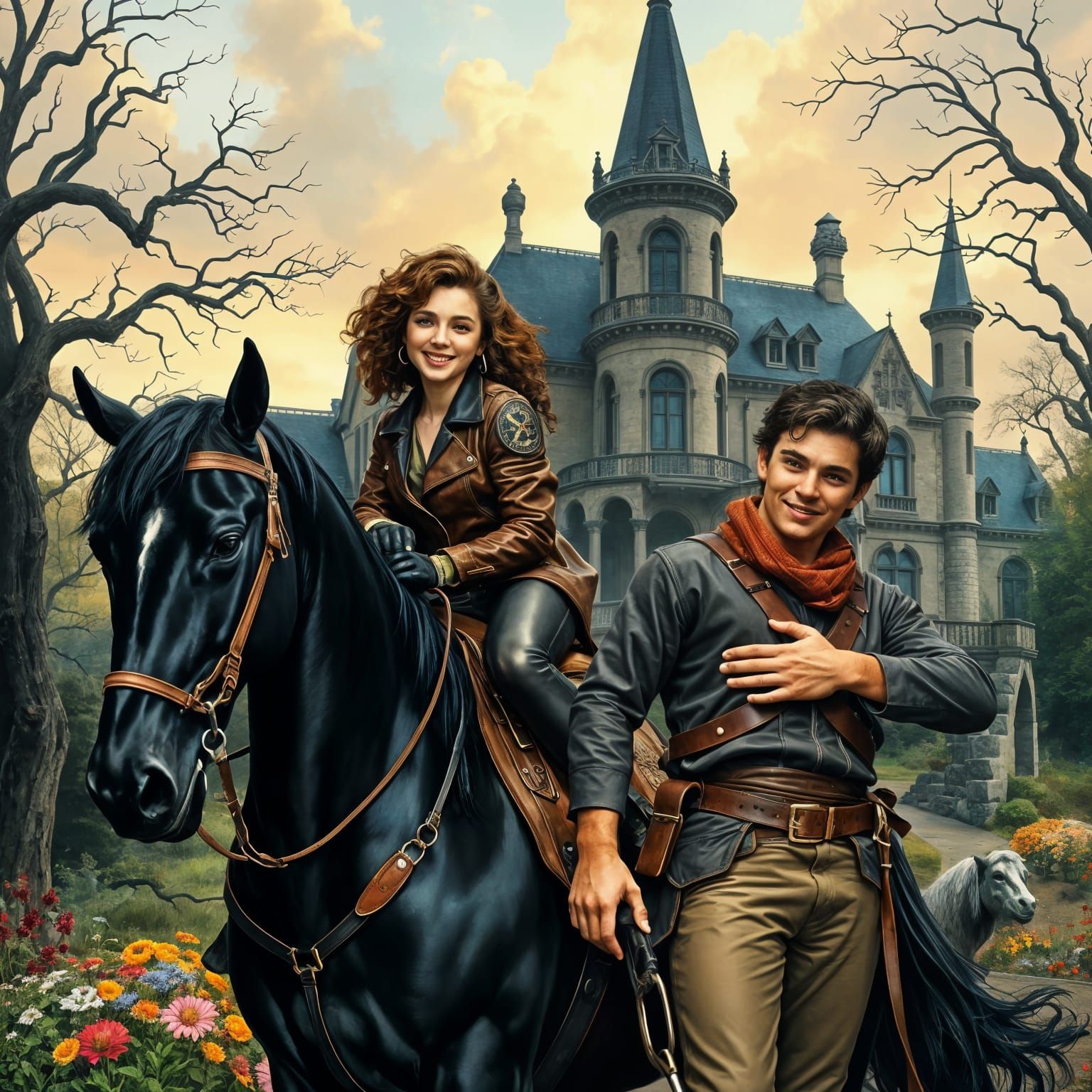 Whimsical Duo Faces Haunted Mansion in Moody Landscape