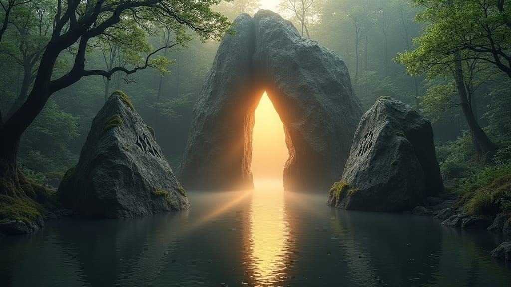 Mystical Portal Before Ancient Forest and Tranquil Lake