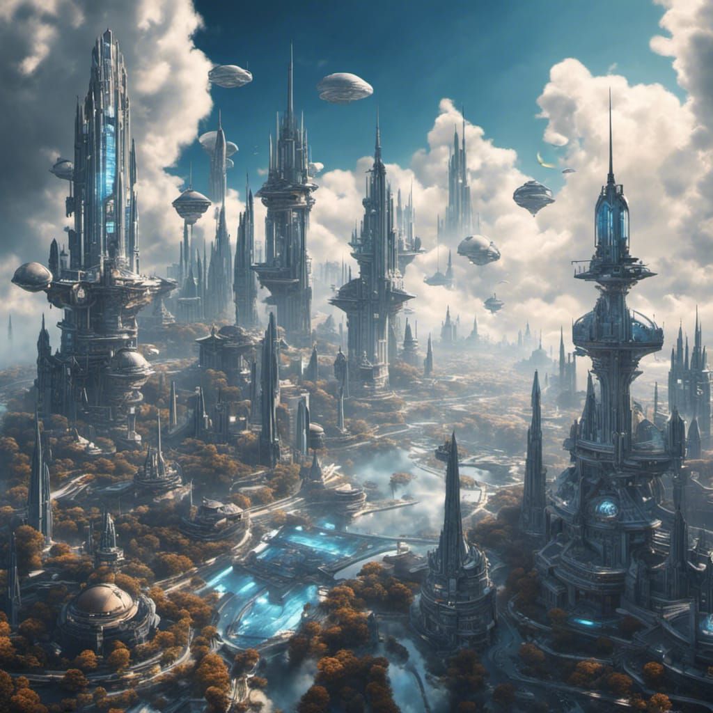 A stunning futuristic city floating in the clouds.