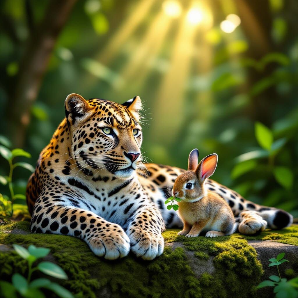 Golden Leopard and Rabbit Companionship in Sunlit Jungle