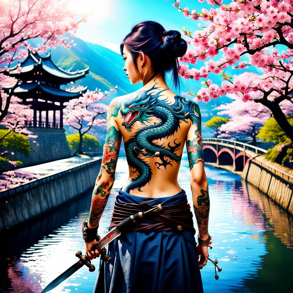Japanese Woman with Dragon Tattoo and Cherry Blossoms