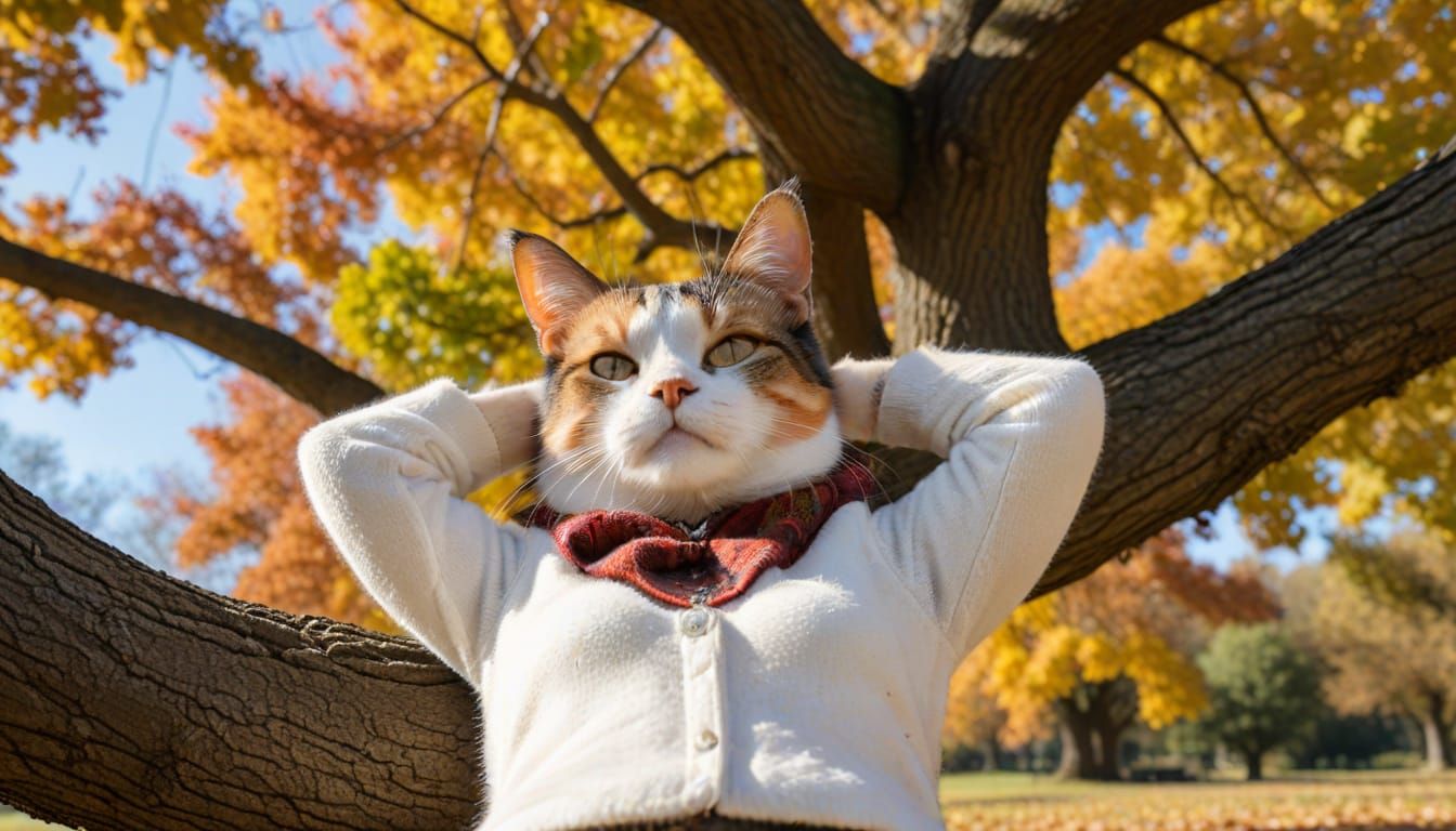 Calico Cat-Girl Relaxing Under an Autumn Oak Tree