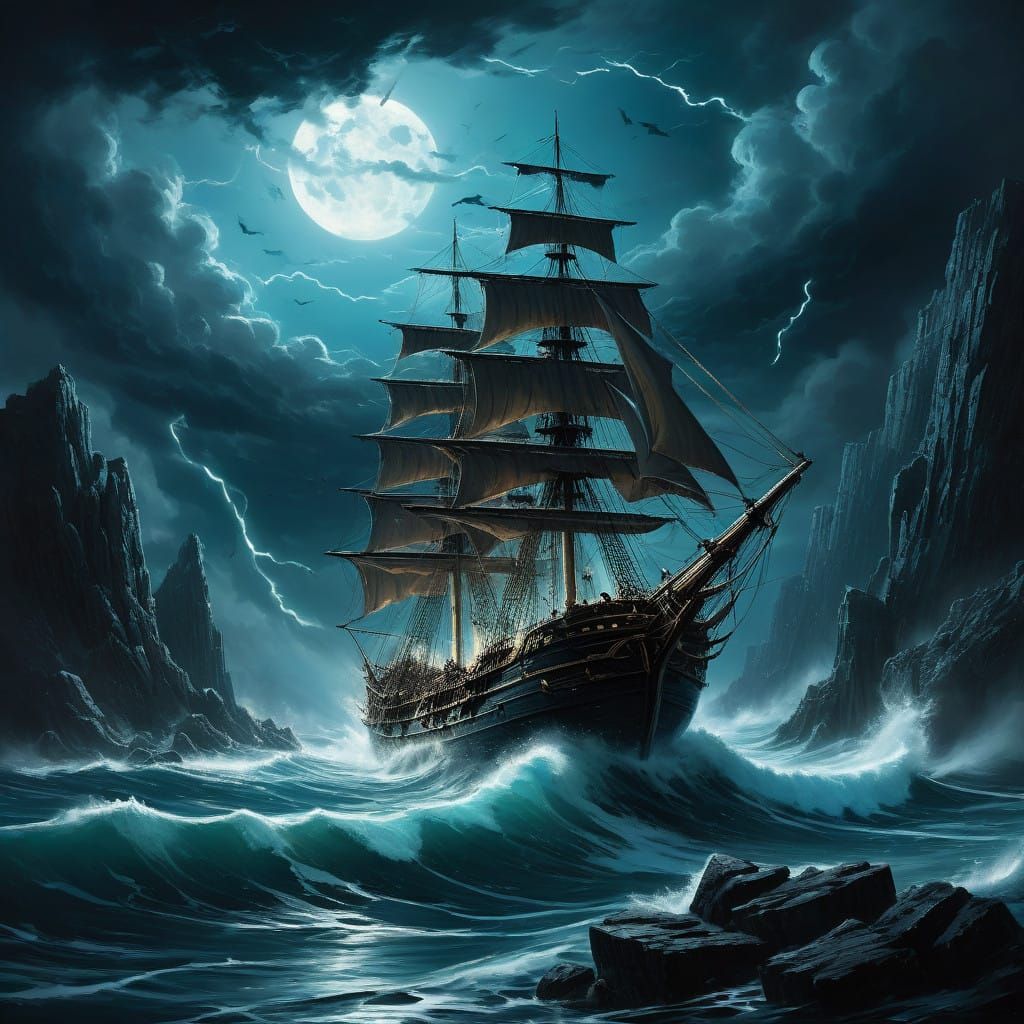 Ancient Greek Sailing Ship in Turbulent Stormy Night