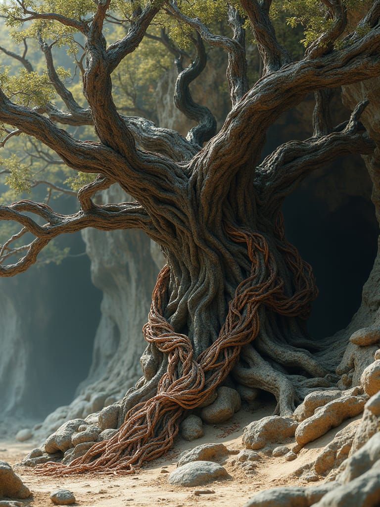 Gnarled Ancient Tree with Braided Branches as Digital Art