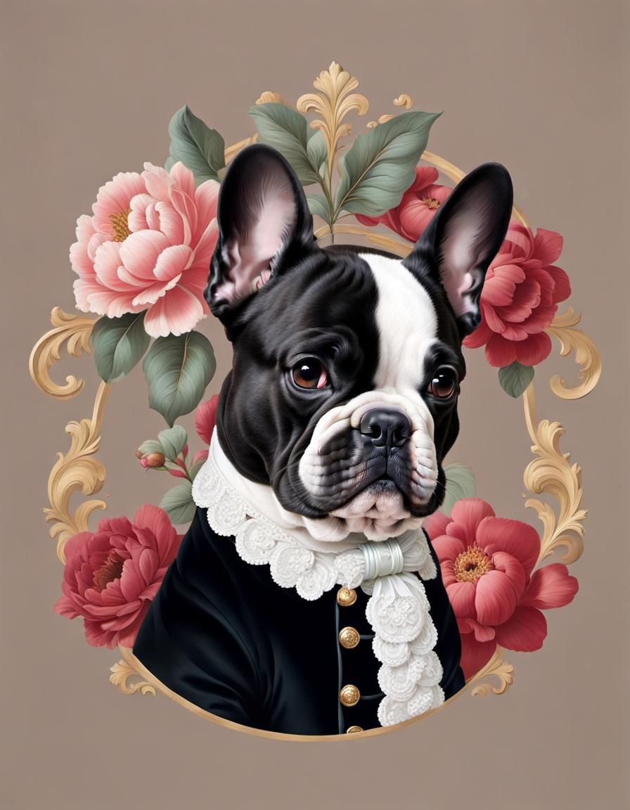 Elegant Rococo French Bulldog with Floral Motifs