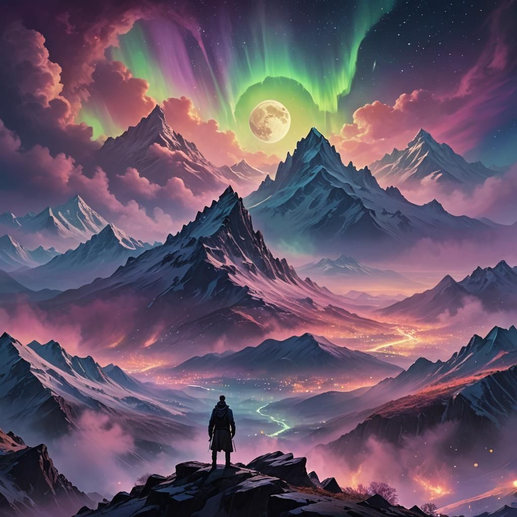 Mystical Mountain Range at Night in Fantasy Art