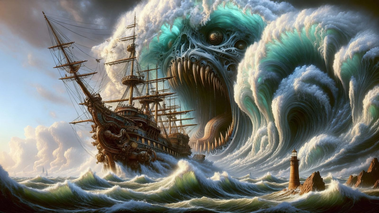 Gigantic Demon Wave Swallows Sailing Ship Near Lighthouse
