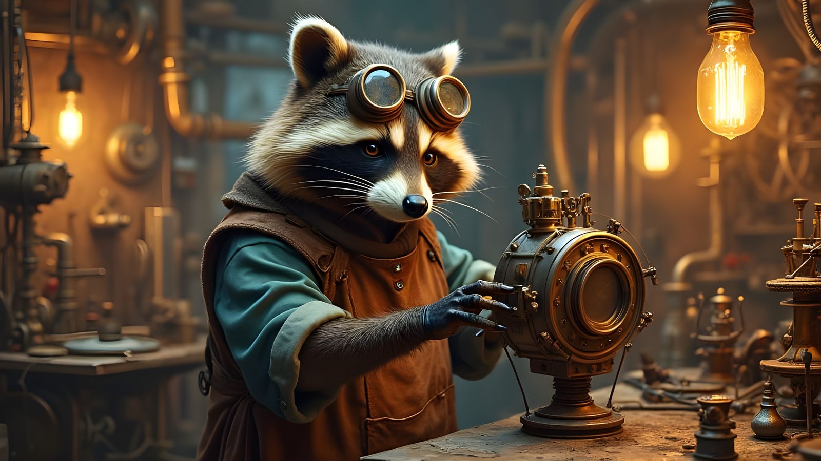 Steampunk Raccoon Inventor in Workshop