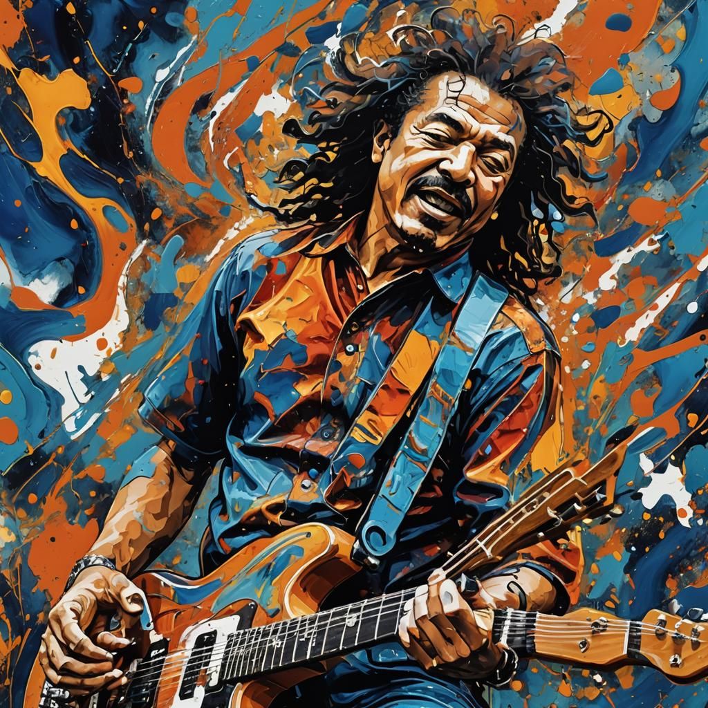 Abstract Expressionist Portrait of Guitarist in Blue and Ora...