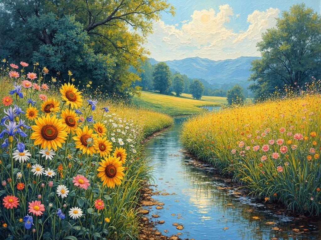 Flower Garden in Warm Sunlight, in Impasto Style