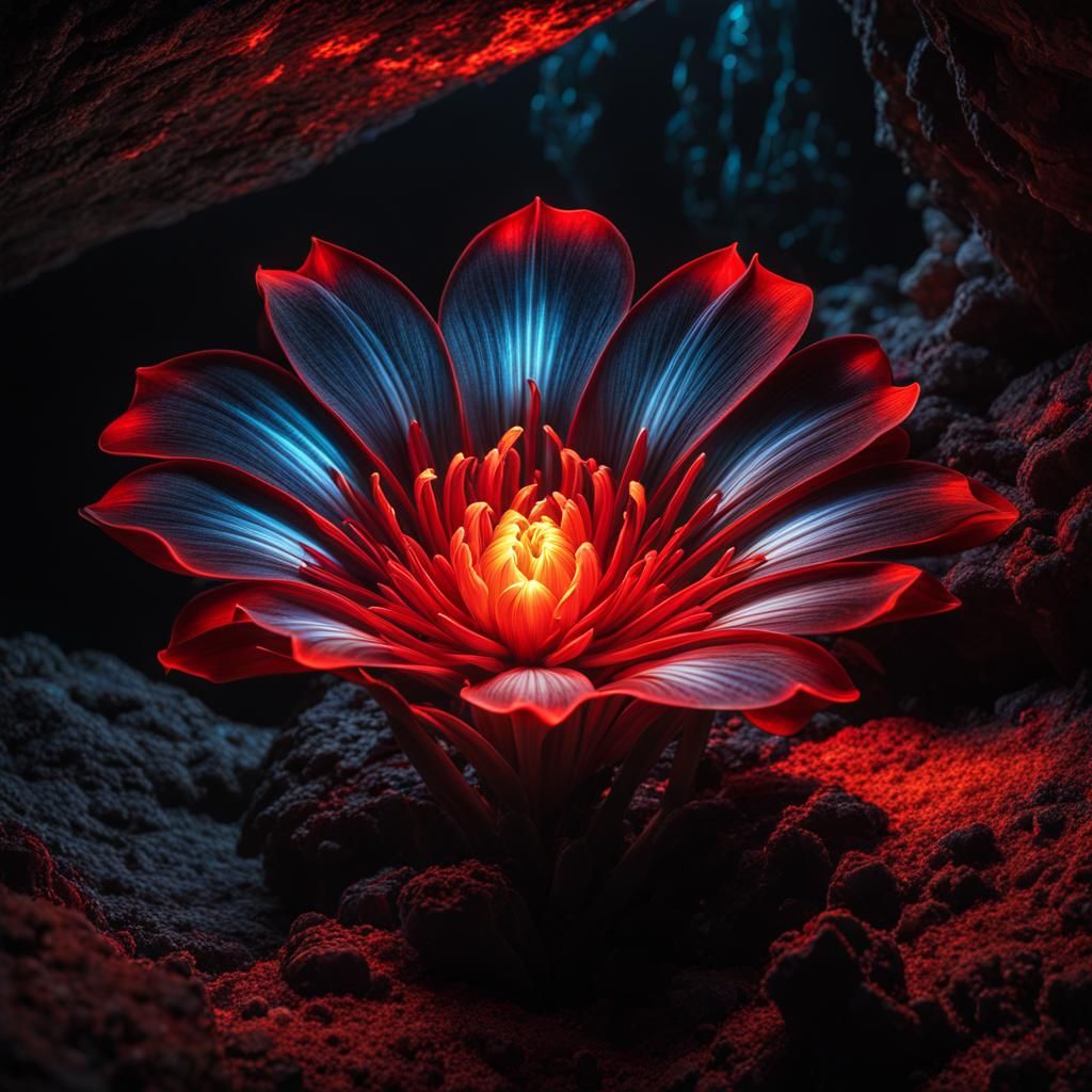 Bioluminescent Obsidian Flower in Fantasy Cave