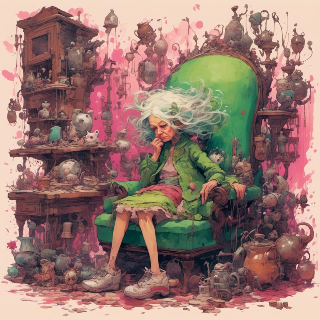 Modern Old Woman in Shoe, Digital Illustration