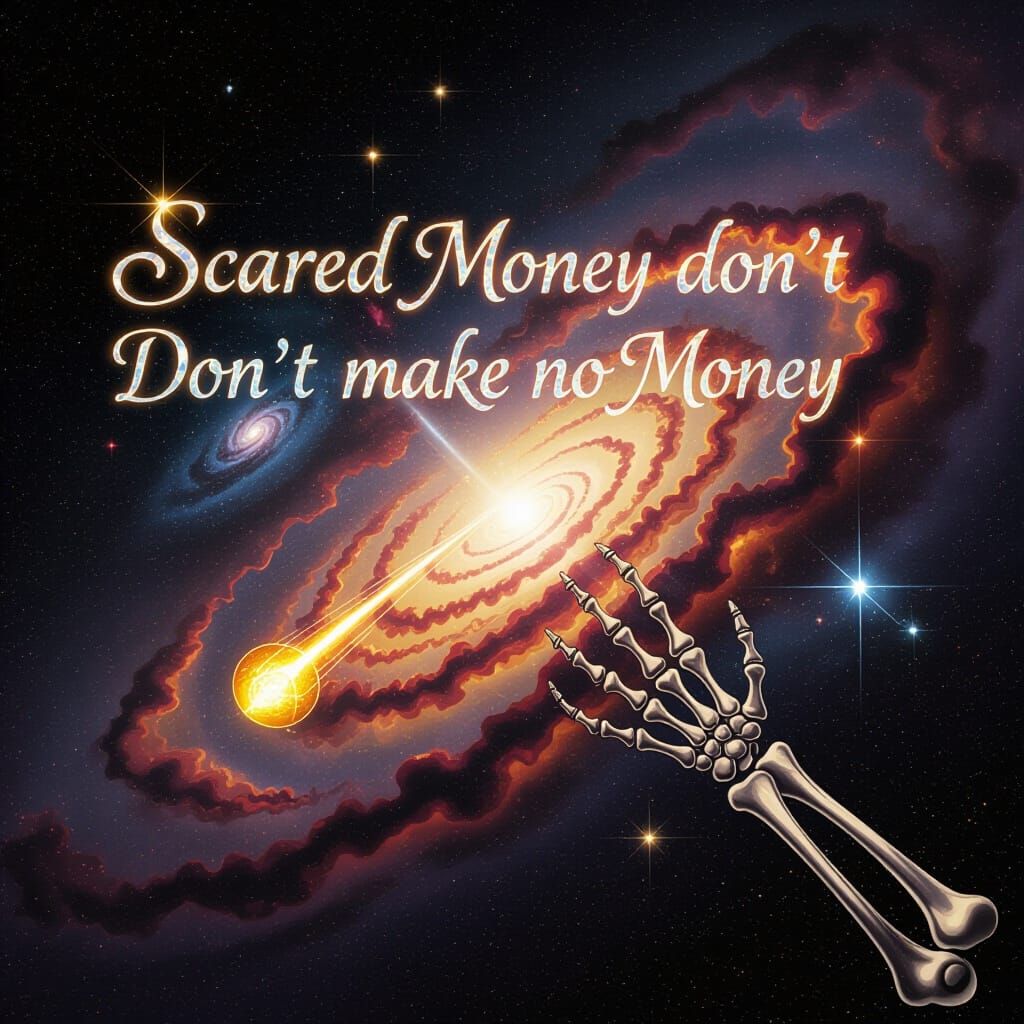 Cosmic Nebula with Stardust Phrase and Skeletal Hand